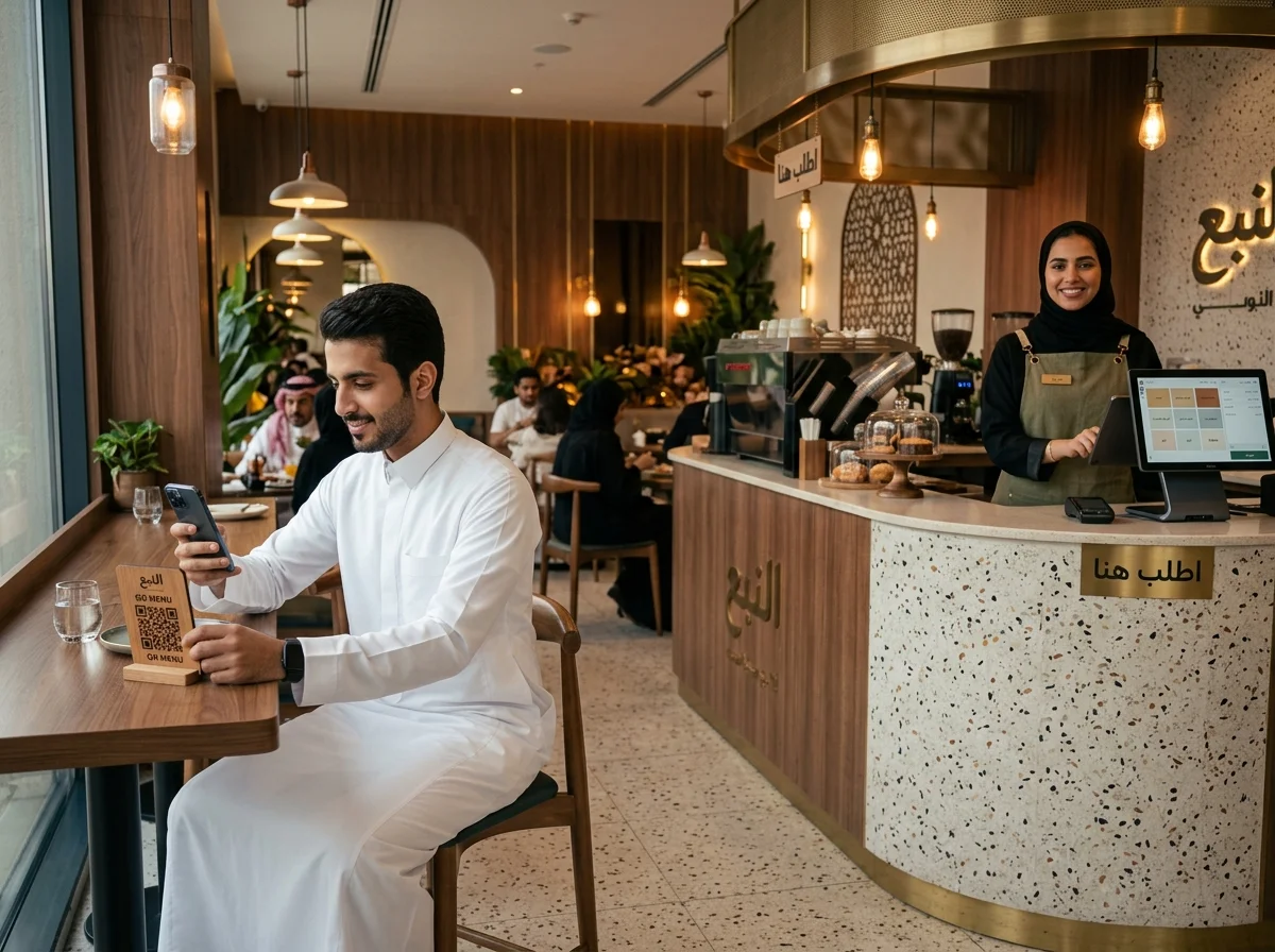 Photorealistic cinematic shot inside an upscale modern Saudi restaurant and specialty cafe in Riyadh. A modern Arab young man wearing a clean contemporary white thobe is casually scanning a sleek wooden table QR menu (Nexora) with his smartphone. In the background, a friendly Saudi cashier in a stylish branded apron is smiling behind a sleek dual-screen touch POS terminal displaying an Arabic user interface with vibrant order tiles. Warm ambient lighting, luxury contemporary Arab interior design with subtle wooden and terrazzo textures, 8k resolution, photorealistic, 50mm lens, f/1.8, shallow depth of field. موظف سعودي يستقبل الطلب عبر QR في مطعم سعودي عصري مع شاشة POS عربية