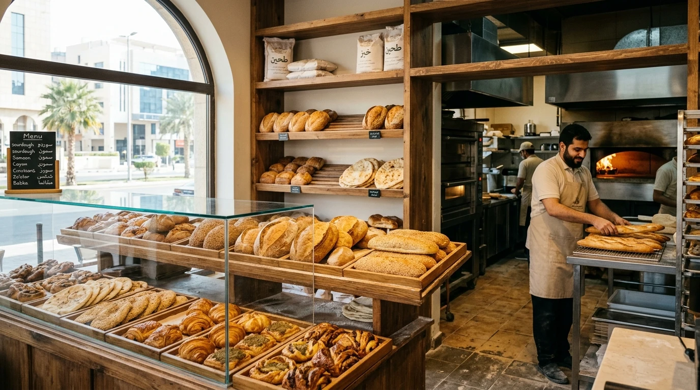 Photorealistic commercial kitchen production line showing artisan bakery prep, batch scales, ingredient containers, and a tablet tracking batch cost and yield. خط إنتاج وتحويل غذائي ودفعات مخابز ومطابخ مركزية